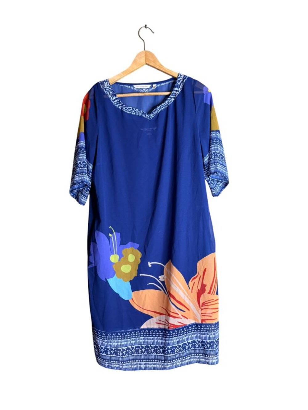 Soft Surroundings Blue Floral Border Print Shift Dress Size Medium sheer lined